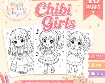 Pode incluir: Um livro de colorir imprimível intitulado Chibi Girls com 40 páginas de ilustrações de personagens em estilo anime. O download digital inclui arquivos PDF e JPG com o logotipo da LumiColor Pages, faixas cor-de-rosa e detalhes florais.