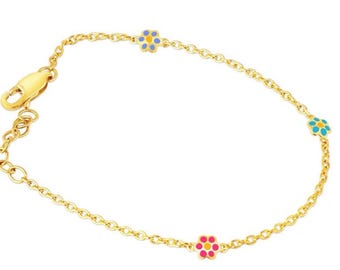 Kids Enamel Flower Charm Bracelet | 18K Gold Plated Sterling Silver, 6.25"