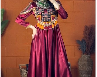 Handmade Kuchi Afghan Dress | Satin Ethnic Maxi Dress