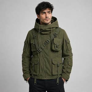 Chaqueta táctica con capucha para hombre, color verde oliva, estilo técnico, estilo utilitario, abrigo militar cargo, estilo urbano, chaqueta de viaje para exteriores.