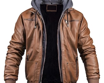 Men's Faux Leather Motorcycle Jacket | Waterproof Biker Coat with Removable Hood