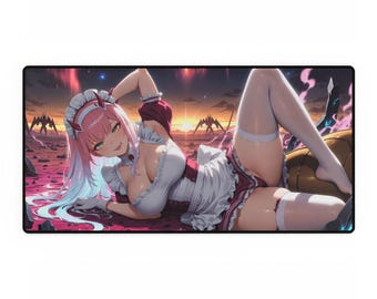 Pink Haired Sci-Fi Anime Girl Mousepad Horned Futuristic Waifu Aesthetic Gamer Desk Mat