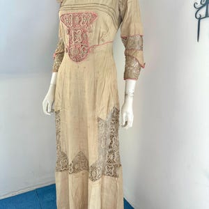 Antique 1900s Edwardian Pink Silk Lace Dress