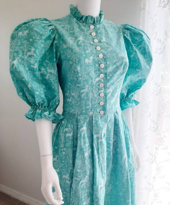 Vintage Prairie Forest Folk Print Dress Puff Sleev