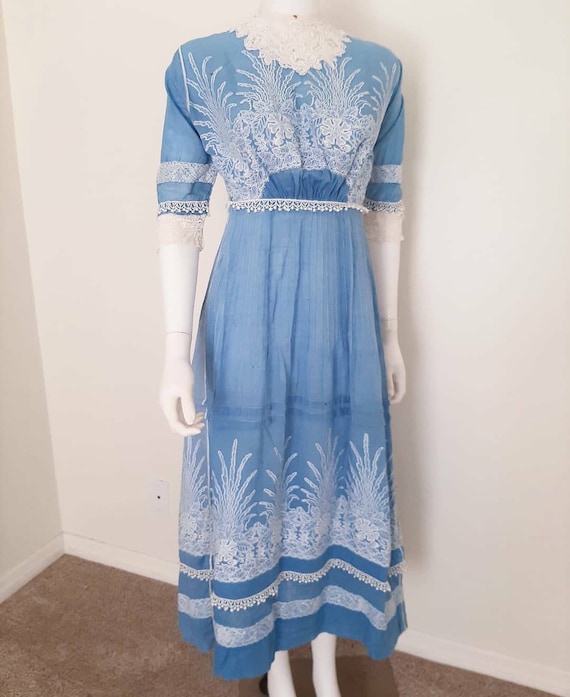 Antique Edwardian 1910 Blue Cotton Embroidered Cou