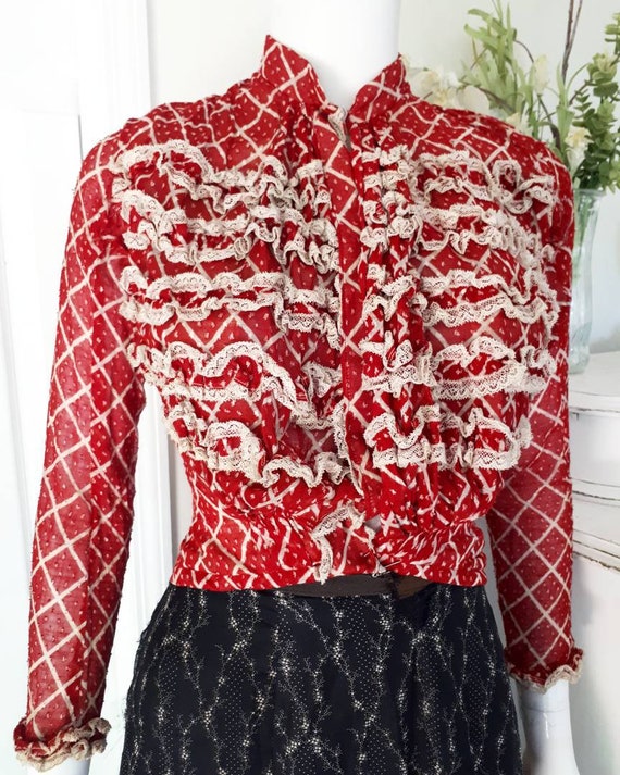 Antique 1800s Scarlet Red Cotton Calico Ruffle Pra