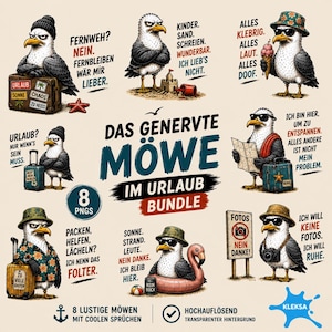 Könnte beinhalten: Ein digitales Illustrations-Bundle mit acht genervten Möwen in verschiedenen Urlaubsszenarien mit deutschen Texten. Die Möwen sind mit Accessoires wie Koffern, Sonnenbrillen, Hüten und Strandartikeln dargestellt und drücken ihren Unmut über das Reisen aus.