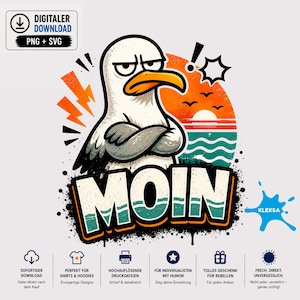 Op de afbeelding: Een digitaal grafisch ontwerp met een norse witte meeuw met een oranje snavel en gekruiste vleugels. De achtergrond bevat een zonsondergang boven de oceaan, oranje bliksemschichten en het woord MOIN in grote, getextureerde letters.