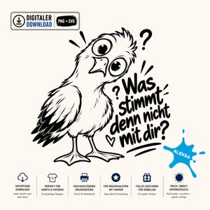 May include: A black and white digital illustration of a confused bird with large eyes, featuring the German text 'Was stimmt denn nicht mit dir?' and a blue ink splatter graphic with the word 'KLEKSA' next to it, plus download icons.