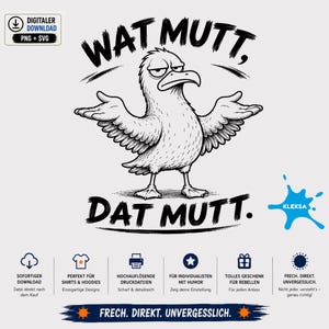 Op de afbeelding: Een zwart-witte grafische illustratie van een meeuw met een sceptische uitdrukking, die de vleugels ophaalt. De tekst WAT MUTT, DAT MUTT staat in dikke zwarte letters boven en onder de vogel. Het ontwerp bevat een blauwe inktvlek.