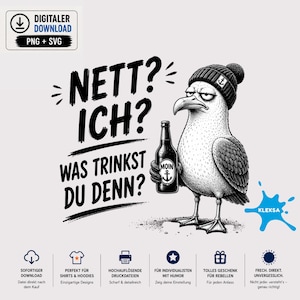 Puede incluir: Un gráfico digital en blanco y negro de una gaviota gruñona con un gorro con icono de ancla, sosteniendo una botella de cerveza etiquetada Moin con un ancla. El texto dice Nett? Ich? Was trinkst du denn? Se ve una mancha de tinta azul.