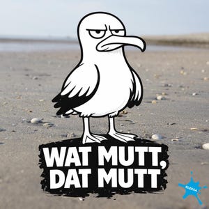 Pode incluir: Desenho animado a preto e branco de uma gaivota com uma expressão severa, em pé numa praia arenosa. A imagem inclui o texto "WAT MUTT, DAT MUTT" em branco sobre um fundo preto.