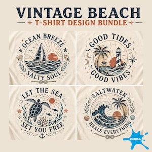 Peut inclure: Ensemble de motifs de t-shirts Vintage Beach, comprenant quatre designs circulaires. Chaque motif présente des éléments nautiques tels que des voiliers, des phares, des tortues et des vagues, avec des phrases comme "Ocean Breeze" et "Good Vibes".