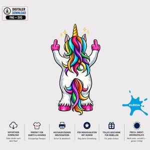 Könnte beinhalten: Eine digitale Illustration eines weißen Einhorns mit einer mehrfarbigen Regenbogenmähne und einem Schweif, von hinten gesehen. Das Einhorn hat ein goldenes Horn und hebt beide Arme, um den Mittelfinger zu zeigen. Vier kleine gelbe Sterne sind darüber.