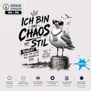 Könnte beinhalten: Ein digitales Grafikdesign mit einer Möwe, die eine Sonnenbrille und eine Kette mit einem Anhänger trägt, auf dem NOT YOUR PROBLEM steht. Der Text lautet ICH BIN DAS CHAOS MIT STIL, REGELN? SIND FÜR LEUTE, DIE LANGWEILIG SIND, LÄUFT. ODER AUCH NICHT. MIR EGAL, ZU LAUT? ZU BADASS!