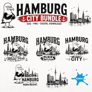 May include: A digital download bundle with Hamburg city designs. The designs include a cartoon seagull with crossed arms, cityscapes, and the word "HAMBURG" in bold lettering. The text "CITY BUNDLE" and "SVG • PNG • DIGITAL DOWNLOAD" are also included.