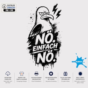 Könnte beinhalten: Eine schwarz-weiße Grafikillustration einer mürrischen Möwe mit einem Blitzsymbol über dem Kopf. Unter dem Vogel steht der Text NÖ. EINFACH NÖ. Das Design zeichnet sich durch einen Tintenklecks-Stil mit kräftigen, kontrastreichen Linien aus.