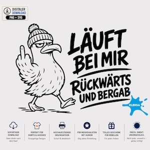 May include: A black and white digital graphic featuring a seagull wearing a knit beanie, gesturing with its middle finger. The text reads LÄUFT BEI MIR RÜCKWÄRTS UND BERGAB. A blue ink splatter icon with the word KLEKSA is present, along with download icons.