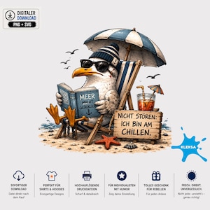 May include: A digital illustration of a seagull wearing a blue and white striped beanie and sunglasses, sitting in a beach chair under an umbrella. The seagull reads a book titled MEER MACHT GLÜCKLICH and sits next to a sign reading NICHT STÖREN: ICH BIN AM CHILLEN.