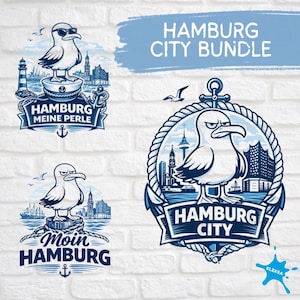Può includere: Una collezione di illustrazioni blu e bianche a tema Amburgo, con gabbiani, paesaggi urbani ed elementi nautici. I disegni includono i testi "Hamburg City Bundle", "Hamburg Meine Perle" e "Moin Hamburg".
