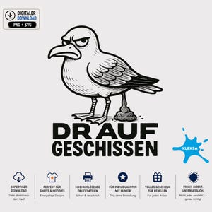 Puede incluir: Una ilustración gráfica en blanco y negro de una gaviota gruñona de pie sobre un montón de excrementos. Debajo del ave, el texto DR AUF GESCHISSEN aparece en letras mayúsculas negras. Incluye un icono de mancha de tinta azul con la palabra KLEKSA.