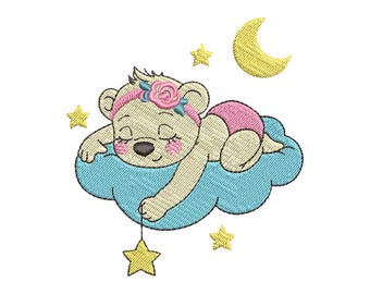 Sleeping Bear Embroidery Design, Baby Applique (Digital Download