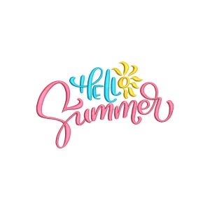 May include: A cursive "Hello Summer" design in pink, light blue, and yellow. The word "Hello" is in light blue, the sun is yellow, and "Summer" is in pink. The design is on a white background.
