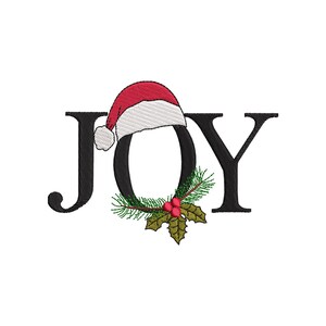 May include: Embroidered design featuring the word "JOY" in black, with the letter "O" adorned with a Santa hat. The "O" is also decorated with a sprig of pine needles, holly leaves, and red berries. Festive holiday theme.