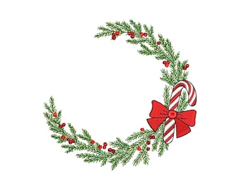 May include: A Christmas-themed embroidery design featuring a crescent-shaped wreath made of green pine needles and red berries. A red bow and a candy cane are attached to the wreath, creating a festive holiday image.