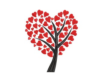 Diseño de bordado a máquina de árbol con forma de corazón, 4 tamaños