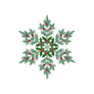 May include: A snowflake design composed of green pine needles, holly leaves, and red berries. The symmetrical pattern is set against a white background, evoking a festive holiday theme. The design is detailed and intricate, suitable for Christmas decorations.