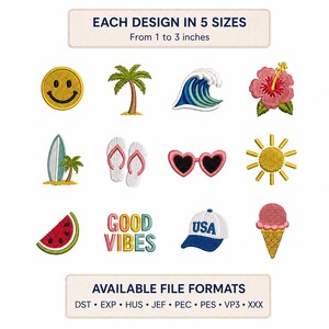 May include: A collection of embroidered designs, including a smiley face, palm tree, wave, hibiscus flower, surfboard, flip-flops, heart-shaped sunglasses, sun, watermelon slice, text "GOOD VIBES", baseball cap, and ice cream cone. Each design is available in 5 sizes, from 1 to 3 inches.
