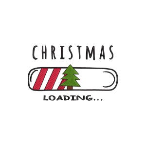 May include: A white graphic with the word "CHRISTMAS" above a loading bar design. The loading bar features red and white stripes on the left and a green Christmas tree. The text "LOADING..." appears below.