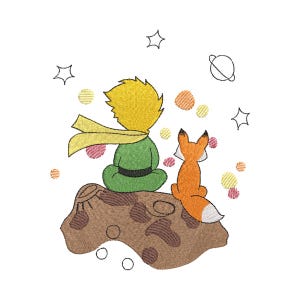 May include: An embroidered design featuring the Little Prince and a fox sitting on a brown planet. The Little Prince wears a green outfit and yellow hair and scarf. The fox is orange and white. Stars and planets are in the background.