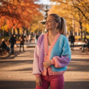 May include: A colorful crochet cardigan in shades of pink, purple, and blue. The sweater has a V-neck, button closure, and long sleeves. The cardigan is worn outdoors in a park setting.