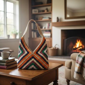 May include: A colorful, handmade crochet bag with a geometric pattern in shades of orange, green, blue, and brown. The bag has a beige strap and is sitting on a wooden table. The background includes a window, books, and a fireplace.