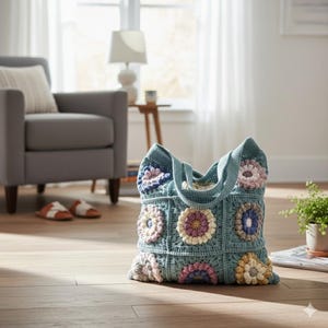 Bolso de mano con flores de crochet (PDF), patrón de bolso cuadrado Sunburst Grandma, tutorial de crochet con flores 3D, patrón de bolso retro bohemio
