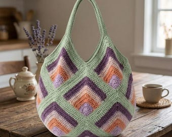 Patrón de crochet para bolso Bermuda en PDF, patrón de bolso cuadrado de abuela colorido, tutorial fácil de bolso de crochet, bolso de verano DIY, descarga instantánea