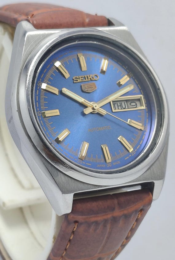 ヴィンテージ セイコー5 自動巻き腕時計：ブルー文字盤、デイ/デイト