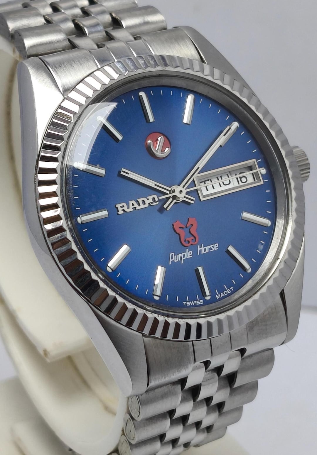 Vintage Rado Purple Horse Automatic Watch: Swiss Made Blue Dial