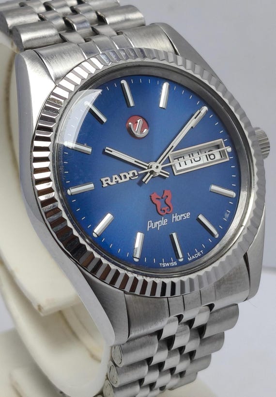 Vintage Rado Purple Horse Automatic Watch: Swiss Made Blue Dial