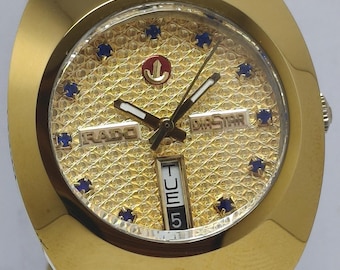 Vintage Rado Diastar Automatic Wrist Watch: Day & Date, Swiss Made Golden Dial