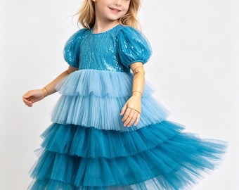 Blue Sequin Tulle Flower Girl Dress, Layered Princess Birthday Party Wedding Toddler Girl