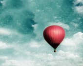 Hot Air Balloon Photography, Nursery Wall Art, Red, White, Blue, Aqua, Starry Night Sky Clouds, Kid's Room Art, Balloon Pictures, 8x10 Print