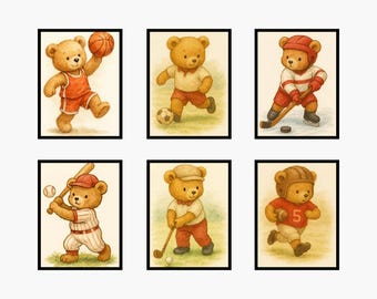 Vintage Teddy Bear Sports Nursery Art Prints: Watercolor Illustrations (Set of 6 PDF Download)