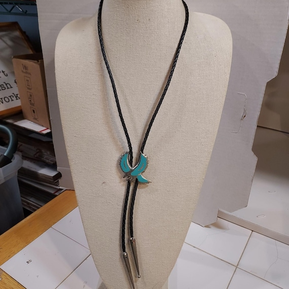 Turquoise Silver Eagle  Bolo String Tie Black Str… - image 3
