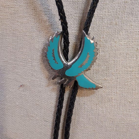 Turquoise Silver Eagle  Bolo String Tie Black Str… - image 4