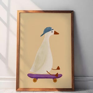 Silly Goose Art, Cute Goose Poster, Sports Nursery Decor, Skateboard Room Decor, Baseball Hat Toddler Boy Art,  Farm Animal Printable
