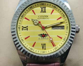 yellow Roman dial wrist watch classic model, citizen 21 jewels,day date , genuine leather