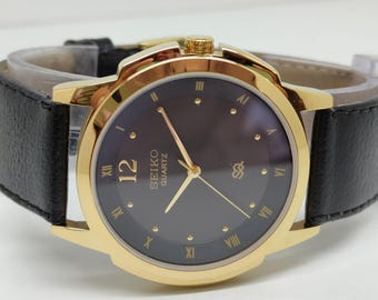 Reloj de cuarzo Seiko Tank vintage con correa de cuero genuino y esfera negra para hombre